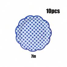 10/20/40/50pcs,Blue And White Checkered Birthday Party Supplies, Coastal Deep Blue Scallop Party Disposable Paper Plates, Birthday Party Decoration Supplies, Blues Dinner, Wedding, BabyShower, Birthday, Picnic, Barbecue Essential