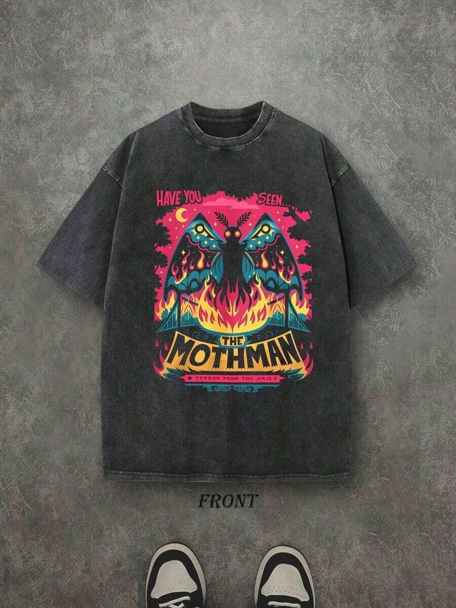 Vintage Washed Shirt Single-Sided Printed (230 Cotton-Shirt) Mothman Shirt Cryptid Shirt Paranormal Tee Creepy Shirt Cryptid Fan, Unisex Shirts, Mens Shirt Casual, Comfortable, Fashionable-Shirt, Street Style Cotton - 黑色 - 查看 1