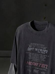 Men Knit Casual Loose Fit Letter Graphic Color Block Urban Long Sleeve T-Shirt With English Graphic Print Patchwork Design, Back To School, Summer - Black - View 3