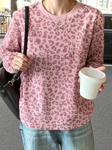 Camiseta informal de mujer con estampado de leopardo rosa, manga larga, cuello redondo, corte regular, para uso diario y casual en otoño/primavera. - Rosa - Ver 6