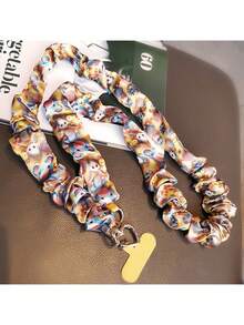 1pc Elastic Silk Printed Ribbon Pleated Phone Lanyard Crossbody Phone Strap Necklace For Women, Anti-Lost Phone Hanging Cord, Creative Phone Lanyard Suitable For Outdoor, Hiking, Shopping, Travel