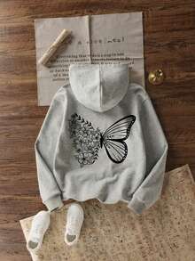 年轻女孩休闲舒适宽松厚针织套头连帽运动衫 - 灰色 - 查看 2