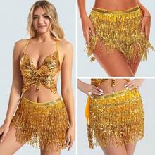 YYC Gold Wrap Belly Dance Sparkling Skirts Fringe Hip Scarf For Festival Fashion - AGoldSequinTasselWrapSkirt - Xem 3