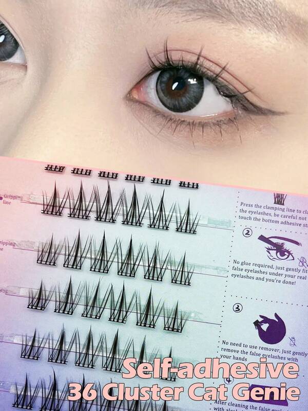 Self-Adhesive False Eyelashes - 36 Clusters DIY Reusable Lashes, C Curl, Natural, Cross, Cat Eye, Doll Styles, 8-12mm Length, Beginner Friendly, With Pre-Attached Glue Strip For Easy Application, Perfect For Halloween, Christmas