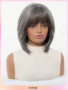TOPSHE Fashion Natural Looking Wigs 12 Inch Cute Party Dark Grey Short Straight Wigs,Heat-Resistant Synthetic Wig With Bangs For Women, For Party,Cosplay,Halloween Daily Wear - 深灰色 - 查看 4