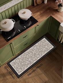 1pc Silica Gel Kitchen Mat With Plant & Floral Pattern, White Leaves & Flowers Decor On Light Gray Background, Elegant & Chic, Cushioned Anti-Fatigue Kitchen Carpet