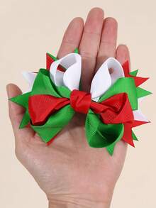 2件組女孩兒童聖誕髮蝴蝶結夾，紅白色綠色蝴蝶結，聖誕經典配色髮夾，女孩兒童派對髮飾 - 彩色 - 查看 5