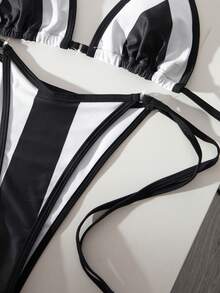 Traje de baño de mujer, bikini básico de bloques de color negro y blanco, pantalón sexy de corte alto con lazos laterales, estilo sexy para damas, ropa Y2K, atuendos de playa para mujer, atuendo para fiesta de Navidad - Multicolor - Ver 12