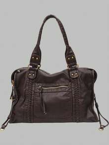 DareSee 复古休闲酷炫街头风柔软水洗PU纯素皮革手提包，拉链封口，拉链口袋，编织装饰，大容量，可装13英寸笔记本电脑，可调节长肩带，斜挎单肩包，女士日常大学通勤旅行多功能包，Y2K风格，2000年代时尚风格，波西米亚风格包包，适合音乐节、Y2K音乐节、返校季、秋冬季节等场合，是音乐节的理想礼物。 - 咖啡棕 - 查看 2