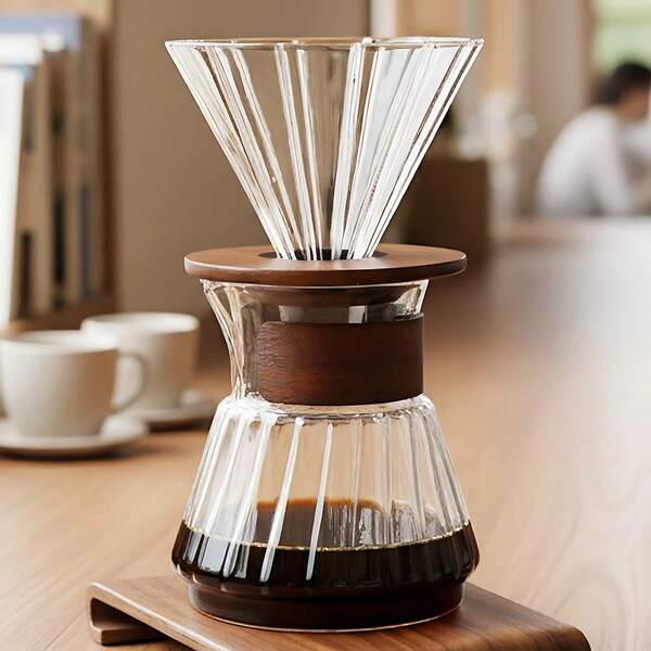 Pour Over Coffee Maker Set With Lid And Walnut Dripper, 600ml/20oz Reusable Glass Coffee Carafe, Coffee Server Set For Home, Office, Cafe Restaurant, Ideal Gift For Thanksgiving And Christmas