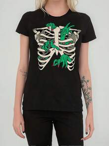 Playera de Mujer Manga Corta Estampada con Motivos de Halloween, Ajuste Regular de Algodón Cómodo y Transpirable, Estilo Festivo para Celebraciones y Día a Día - Negro - Ver 1
