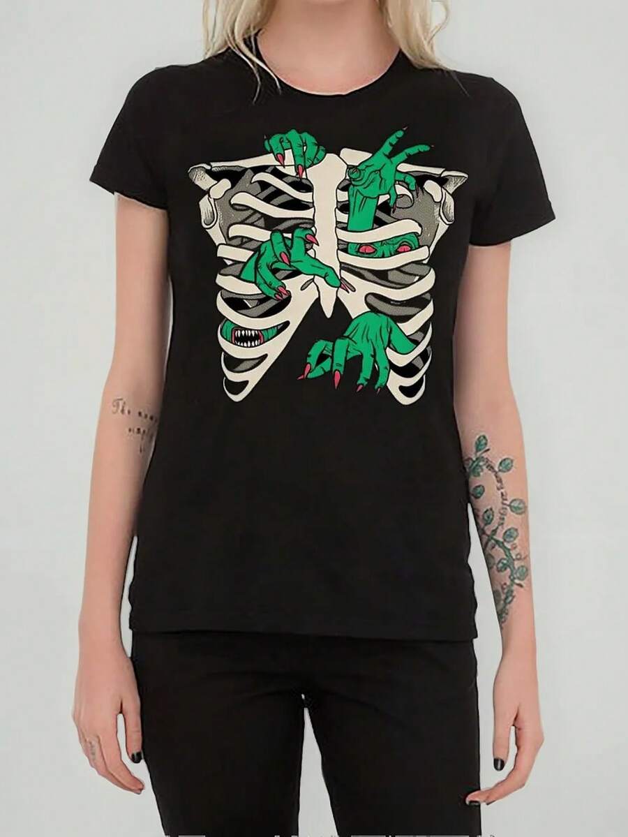 Playera de Mujer Manga Corta Estampada con Motivos de Halloween, Ajuste Regular de Algodón Cómodo y Transpirable, Estilo Festivo para Celebraciones y Día a Día - Negro - Ver 1