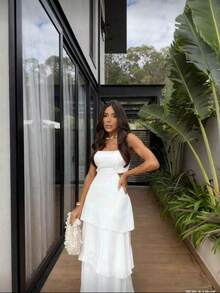 Long Chiffon Party Dress With Ruffles And Pads For Wedding, Graduation, Birthday Summer - trắng - Xem 2