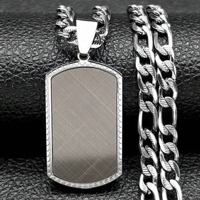 Classic Stainless Steel Dog Tag Square Pendant Necklace, Men's Boyfriend Style, Black & Silver Hip Hop Chain Jewelry Gift