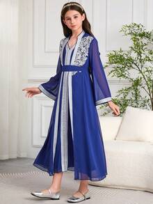 Tween Girls Middle East Style Embroidered Cardigan Dress, 2 In 1 Set With Belt - Blue - View 5