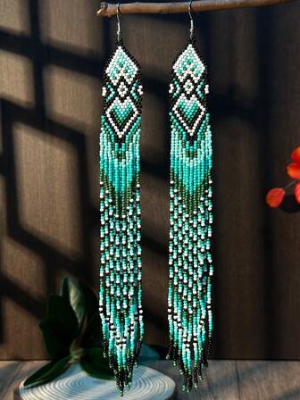 Handmade Geometric Design Long Tassel Earrings, Beaded Ear Hooks Bohemian Glass Bead Jewelry, Fashionable Accessories Suitable For Daily Wear, Gift For Friends