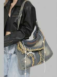 DareSee 西部复古风单肩包，褪色牛仔布斜挎包，大容量拉链轻便设计，牛仔女郎单肩包，西部风女士手提包，波西米亚风女士包，适合音乐节、Y2K 节、返校季、秋季、圣诞节、冬季等各种场合，也是圣诞礼物的理想之选。