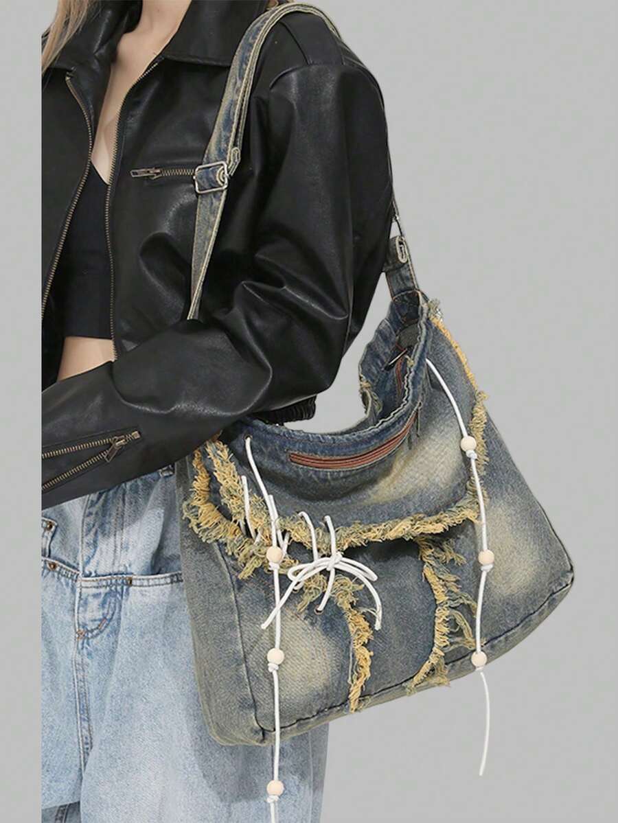 DareSee 西部复古风单肩包，褪色牛仔布斜挎包，大容量拉链轻便设计，牛仔女郎单肩包，西部风女士手提包，波西米亚风女士包，适合音乐节、Y2K 节、返校季、秋季、圣诞节、冬季等各种场合，也是圣诞礼物的理想之选。