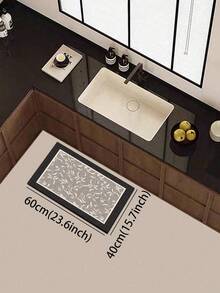 1pc Silica Gel Kitchen Mat With Plant & Floral Pattern, White Leaves & Flowers Decor On Light Gray Background, Elegant & Chic, Cushioned Anti-Fatigue Kitchen Carpet