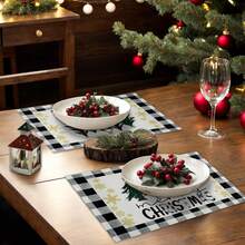Set de 4/6 suporturi de masă pentru brad de Crăciun, model acuarelă și carouri Buffalo, potrivite pentru decor de sărbători, 30x45 cm