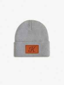 1pc Baby Leather Patch Vintage Letter Decor Grey Beanie, Choose From 26 Letters, Soft & Comfortable Unisex Infant Autumn/Winter Warm Hat, Suitable For Holidays, Birthdays, Daily Wear - Grey - View 7