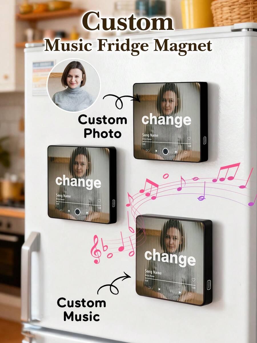 1pc Custom Music Album Fridge Magnet, Customized Magnet For Refrigerator, Customizable Photo Album Refrigerator Magnet, Personalized Music Player With Photo, Song, Album Cover, Fridge Magnet Can Play Songs, Custom Gift, Personalized Gift