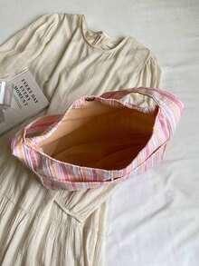 Large Capacity Women Cloth Tote Bag, Shoulder Bag, Casual Stripe Fabric Handbag , Pink - Hồng - Xem 7