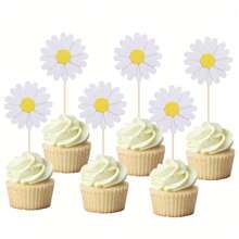6 pièces/12 pièces/24 pièces Fleurs roses blanches jaunes de marguerite, Décorations de cupcakes pour anniversaire, mariage, fête. Fournitures DIY pour la décoration de cupcakes