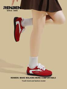 RENBEN 1 par de zapatillas de estilo retro con cordones y parches para mujer, con suela gruesa, casual, deportiva, de suela blanda, diseño de nicho de moda, adecuada para primavera/otoño