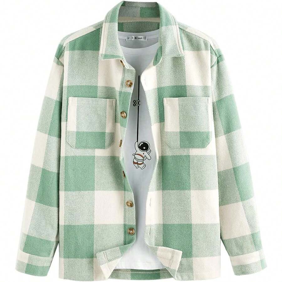 Men's Plaids Long Sleeve Button Down Lightweight Flannel Shacket Wool Blend Casual Shirt With Pockets, Vintage-Inspired Style - 格子-淺綠 - 查看 1