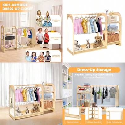 Homegroove Dr Up Storage Rack With Mirror 31.5 Inch Wood Wardrobe Closet With Storage Shelf For Little Girls And Boys Costume Storage For Bedroom Classroom Playroom Furniture
