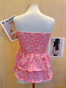 Cropped Top With Strapless Ruffled Print - สีชมพู - ดู 2