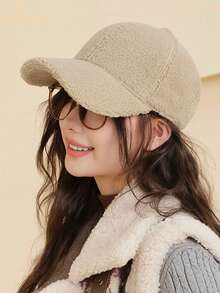 Classic Autumn/Winter New Solid Color Hat, Faux Lambswool Fashionable Baseball Cap, Unisex Versatile Korean Style, Face-Slimming, Stylish Casual Party Street Polyester Fleece Decoration Cap