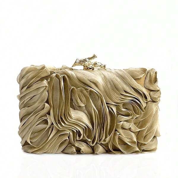 Rose Flower Women Elegant Large-Capacity Floral Pleated Satin Evening Clutch Party Bag Purse Handbag - Chic Chiffon Petal Handbag With Chain Strap, Fits ProMax Size Phone & Essentials, Perfect For Bride, Weddings, Dates, Proms, Sorority Formals, Graduation Parties, Spring Galas, Weddings, Cocktail Events