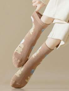 5 أزواج جوارب متوسطة الطول مصنوعة من خليط صوف ميرينو مخطط بشكل الدب الكرتوني السميك، للشتاء