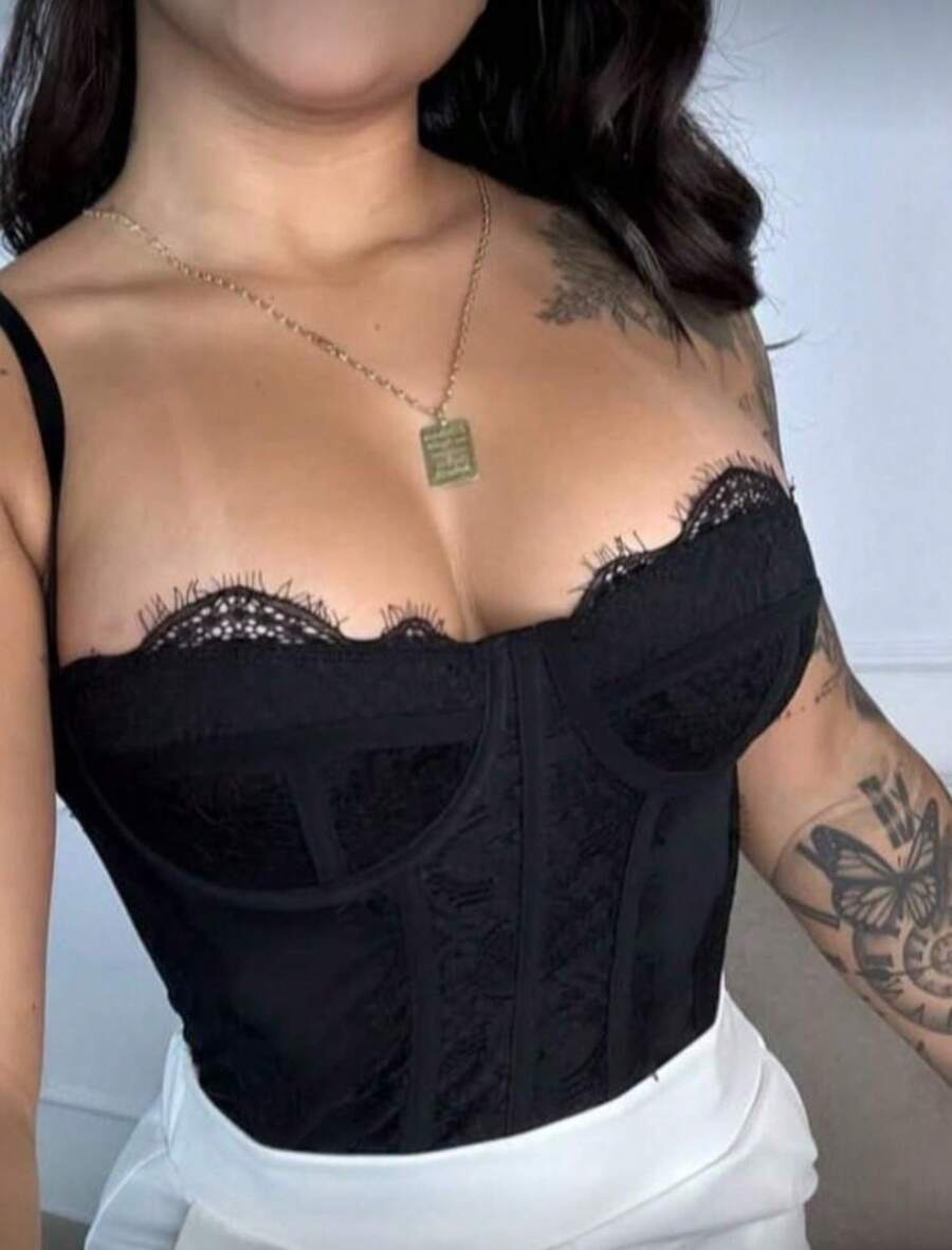 Cropped Crope Cropped Corset Leotard Thin Straps Adjusting Lace Details - màu đen - Xem 1