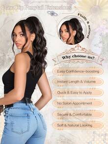 18英寸多层马尾接发，爪夹式马尾蓬松浓密水波纹假马尾假发，柔软自然，适合女性（棕色带焦糖金挑染）接发 - 間色 - 查看 7