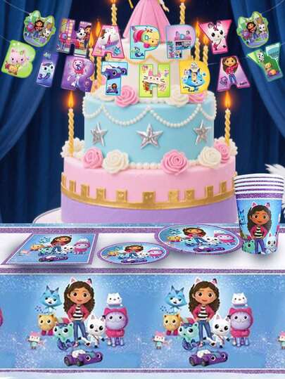 Gabby's Dollhouse Gabby's Disposable Tableware, 9/7 Inch Paper Plates, 9 Oz Paper Cups, Cartoon Cute Pattern Printed Napkins, Suitable For Weddings, Birthdays, BBQs, Picnics, Family Gatherings, Camping, Holiday Parties, Outdoor Events And Everyday Use