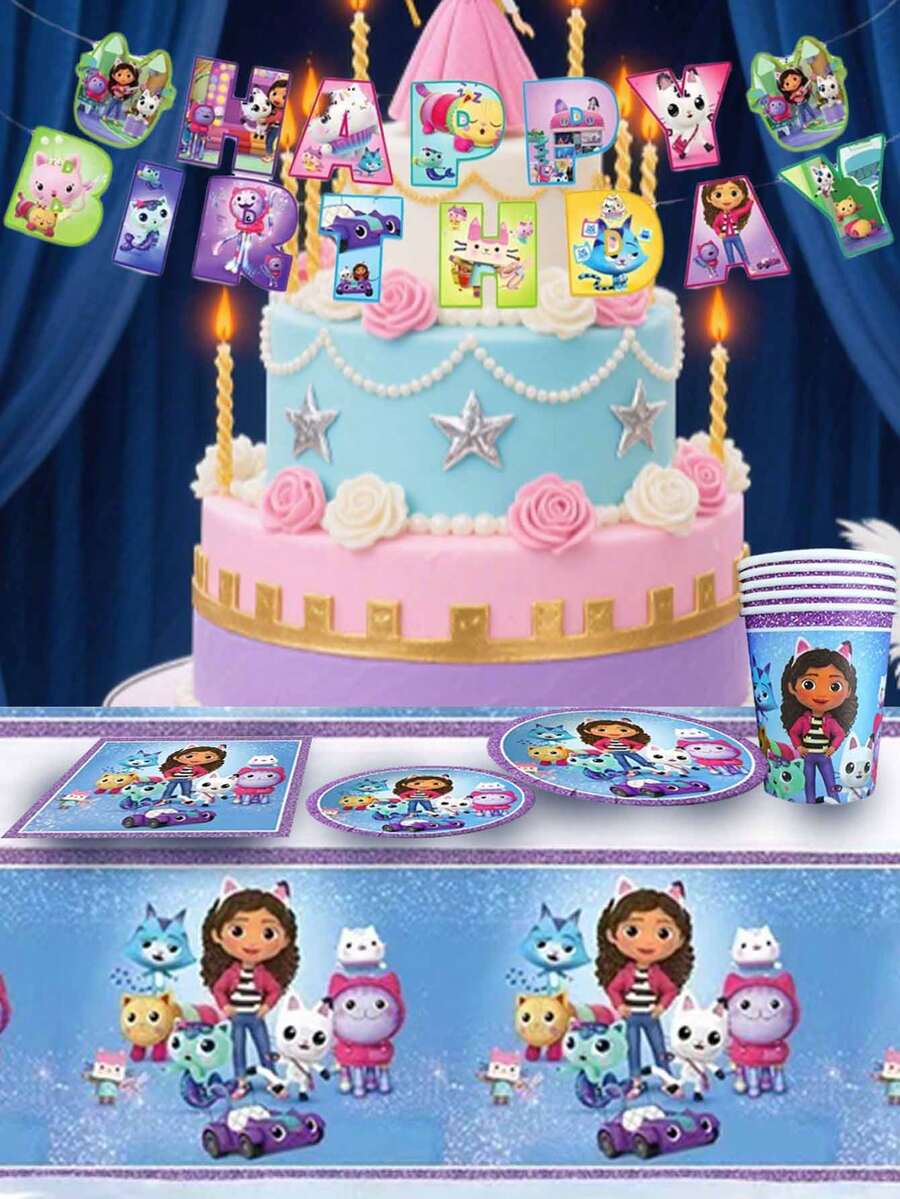 Gabby's Dollhouse Gabby's 一次性餐具，9/7 英寸纸盘，9 盎司纸杯，卡通可爱图案印花餐巾纸，适用于婚礼、生日、烧烤、野餐、家庭聚会、露营、节日派对、户外活动和日常使用。 - 彩色 - 查看 1