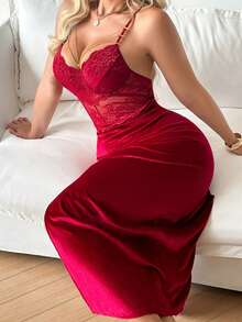 Váy ngủ hai dây hở lưng gợi cảm phối ren hoa nhung mới - Màu Đỏ Sâu - Xem 1