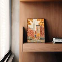 Imprimeu artistic pe pânză cu orizont de toamnă vintage din New York City, 1 buc - Poster decorativ de perete plat, neînrămat, cu frunziș de toamnă și nuanțe calde de portocaliu, pentru sufragerie, dormitor, birou - Ziua Recunoștinței, Halloween, idee de cadou de Crăciun, decor de perete metalic, decorațiuni pentru cameră, artă murală pe pânză mare, artă murală din tablă, decorațiuni pentru casă, cumpărători de sărbători, decoratori de casă, 2D plat, perfect pentru decorul camerei