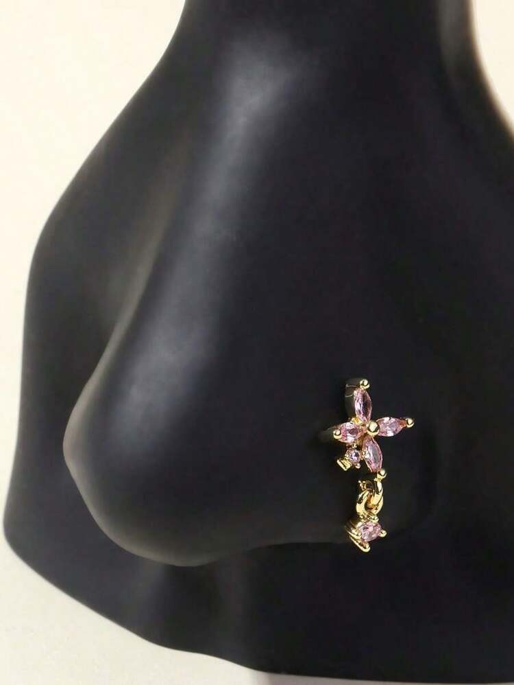 1pc L Shaped Elegant Gold Tone Tiny Flower Nose Hoop Piercing With Pendant Valentines Mom Mother Mothers Day Gift GZUQ - Style 3 - 查看 6