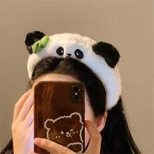 1Pcs Washing Face Panda Headband - Cute Plush Ears With Green Bow, Kawaii Zoo Trip Hair Accessory For Girls, Y2K Amusement Park Photo Prop - FG162-熊貓髮箍 - 查看 4