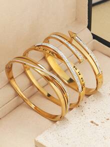 3pcs Luxury High-End Rhinestone Inlaid Gold Bracelets, Roman Numeral Rhinestone Bracelet, Criss-Cross Rhinestone Bracelet, Nail Rhinestone Bracelet/Bangle, Suitable As Birthday Gift For Girlfriend/Best Friend, Party Wear
