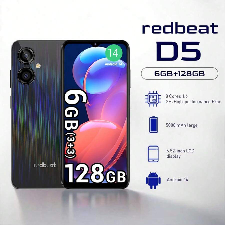 Redbeat D5 6GB (3GB+ 3GB) RAM + 128GB ROM Cámara de 13 MP Android 14 Pantalla HD+ de 6.52 pulgadas, Body delgado y ligero, memoria, batería de 5000mAh, procesador de 8 núcleos a 1.6GHz, el Body adopta un proceso de color degradado especial, interfaz Tipo-C (enchufe no incluido) Regalo de Navidad, el regalo perfecto para tu familia o amigos.