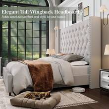 Luxury Velvet Wingback Bed Frame With 61.4" Tall Button Tufted Headboard - Platform, Solid Wood Legs, Modern Glam, Cream - 奶油 - 查看 6