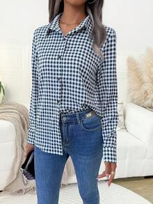 Áo sơ mi kẻ gingham dành cho nữ, áo cánh tay dài một hàng khuy cổ điển để đi làm và mặc hàng ngày, áo sơ mi kẻ sọc thường ngày, áo nữ in họa tiết thời trang xuân hè thu đông 2025, hàng mới về - Đen và trắng - Xem 5