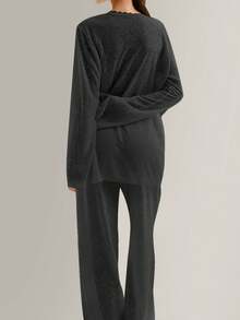 A Set Of Plain-Colored Semi-Transparent Fabric V-Neck Lace Long-Sleeved, Waist-Tied Straight-Leg Pants For Home Pajamas - màu đen - Xem 5