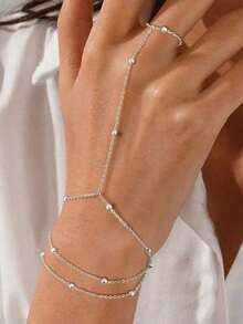 1 Pc Multilayer Metallic Ball Chain Link Finger Hand Bracelet, Unique Design For Women, Suitable For Summer Beach - Silver - View 4