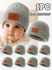 1pc Baby Leather Patch Vintage Letter Decor Grey Beanie, Choose From 26 Letters, Soft & Comfortable Unisex Infant Autumn/Winter Warm Hat, Suitable For Holidays, Birthdays, Daily Wear - Grey - View 2
